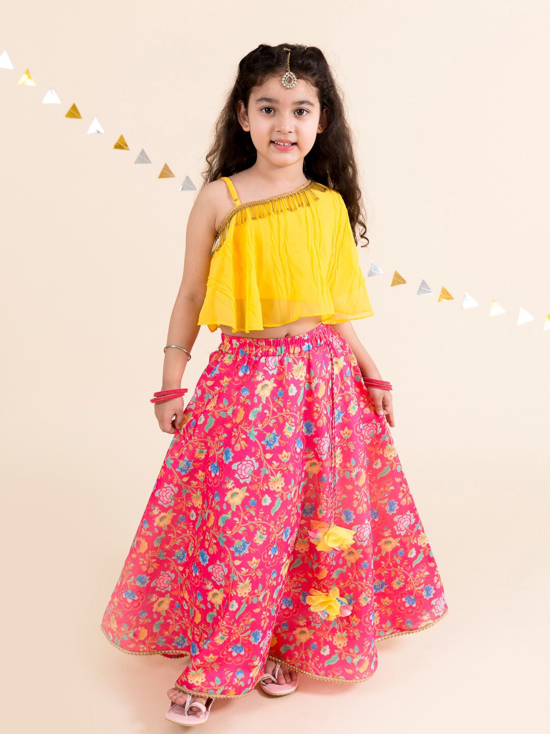 

pspeaches Girls Coral & Yellow Ready to Wear Lehenga Choli
