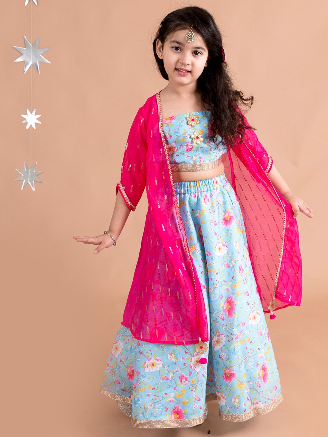 

pspeaches Girls Blue & Pink Printed Ready to Wear Lehenga Choli