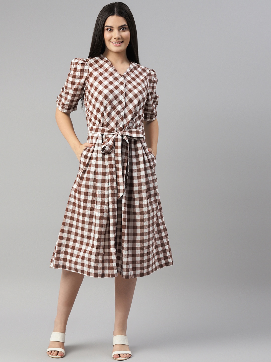 

Ayaany Brown & White Checked A-Line Midi Dress
