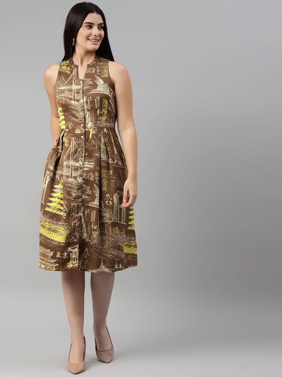 

Ayaany Brown & Yellow Conversational Print Sheath Dress