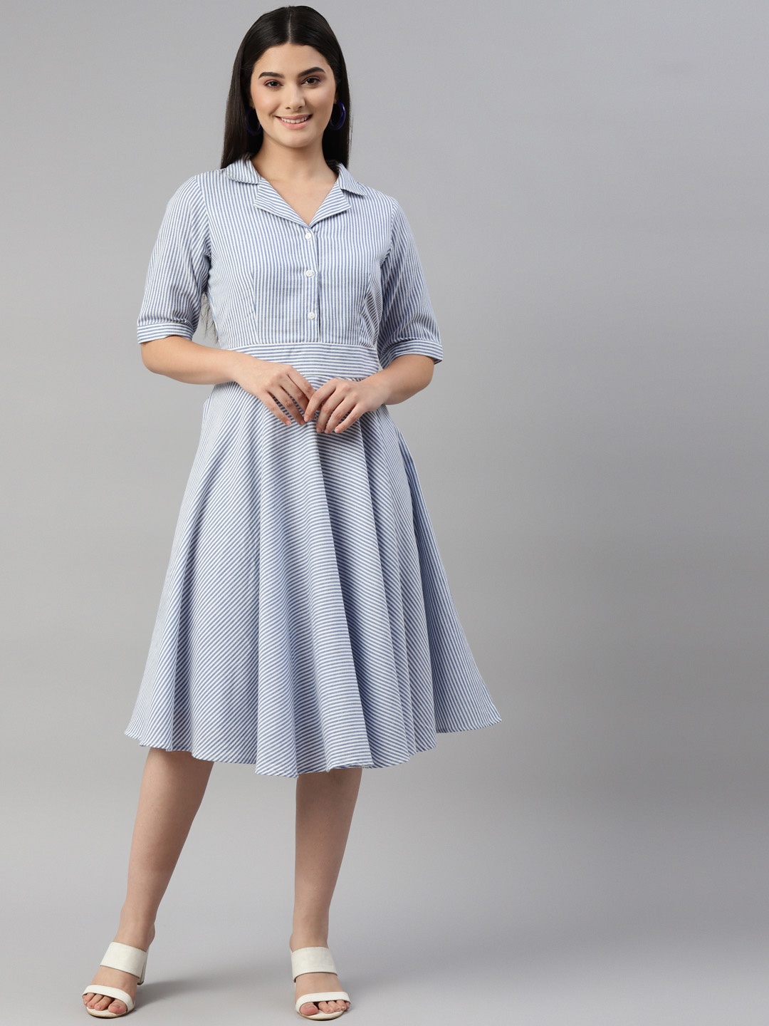 

Ayaany Blue & Off White Striped A-Line Dress
