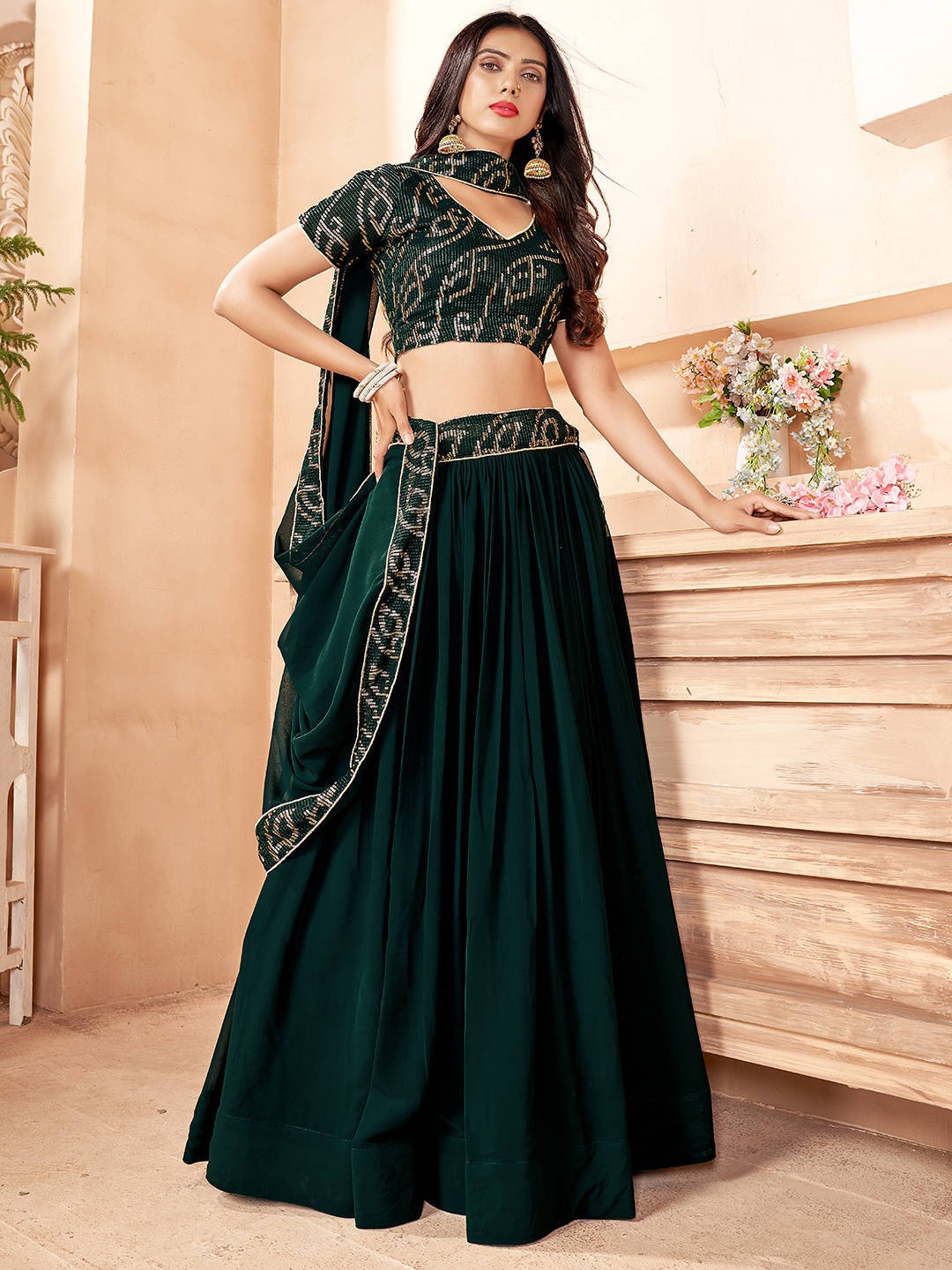 

FABPIXEL Green & Gold-Toned Embroidered Sequinned Semi-Stitched Lehenga & Unstitched Blouse With Dupatta