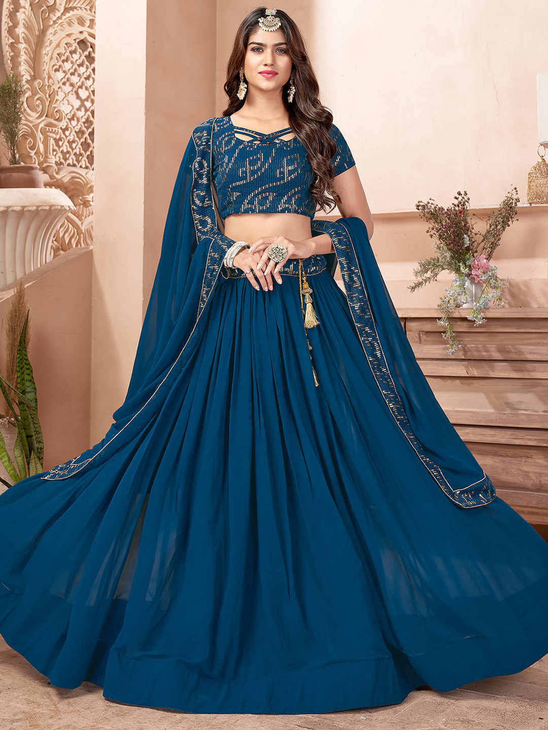 

FABPIXEL Teal & Gold-Toned Embroidered Sequinned Semi-Stitched Lehenga & Unstitched Blouse With Dupatta