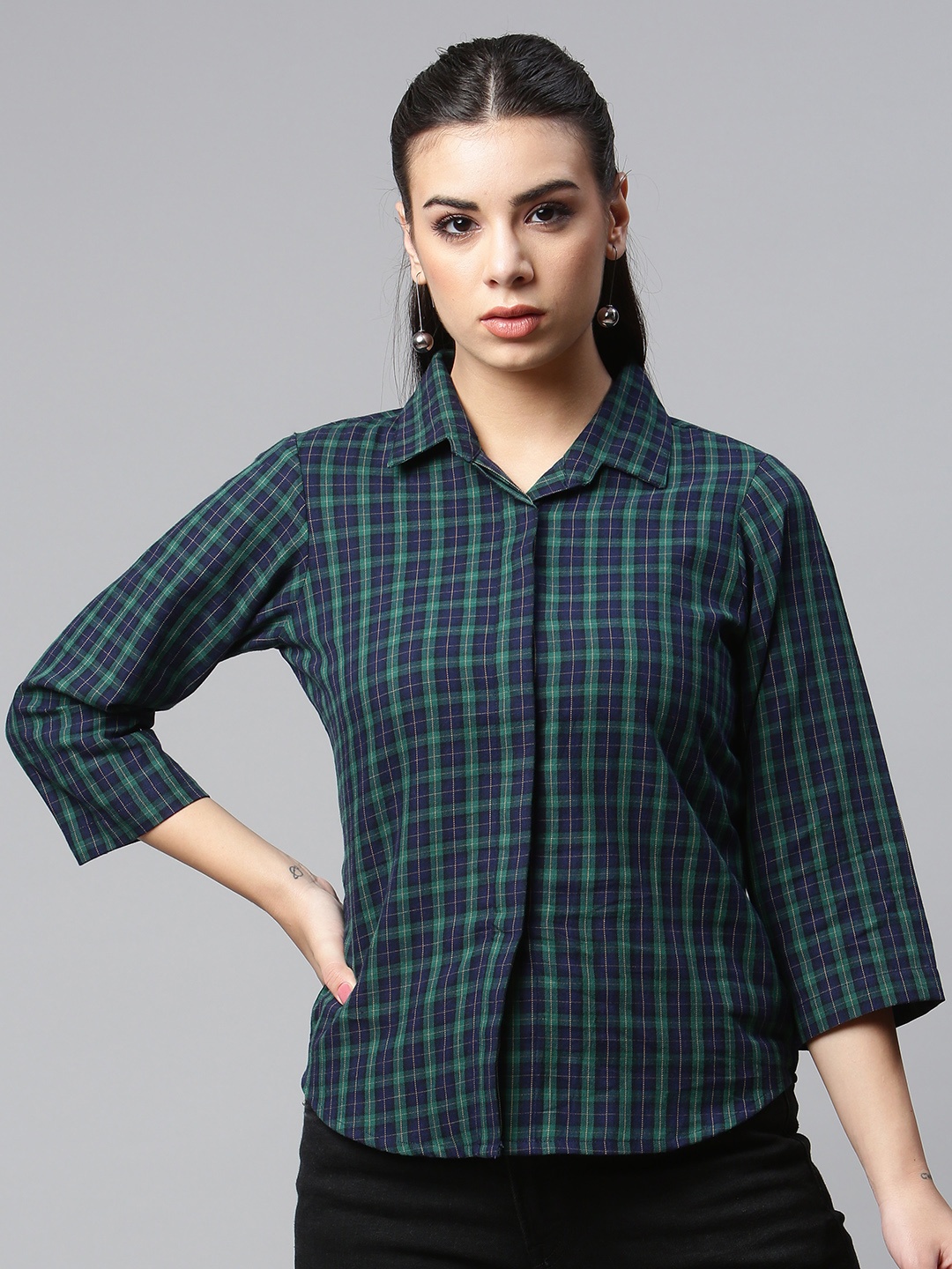 

Ayaany Women Navy Blue Gingham Checked Casual Shirt