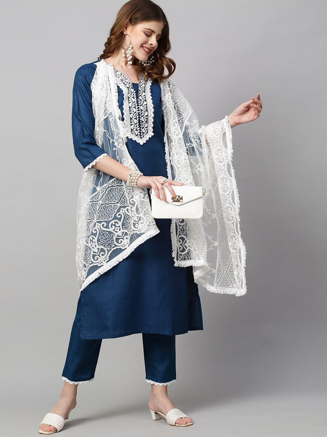 

KALINI Women Floral Yoke Design Kurta with Trousers & With Dupatta, Navy blue