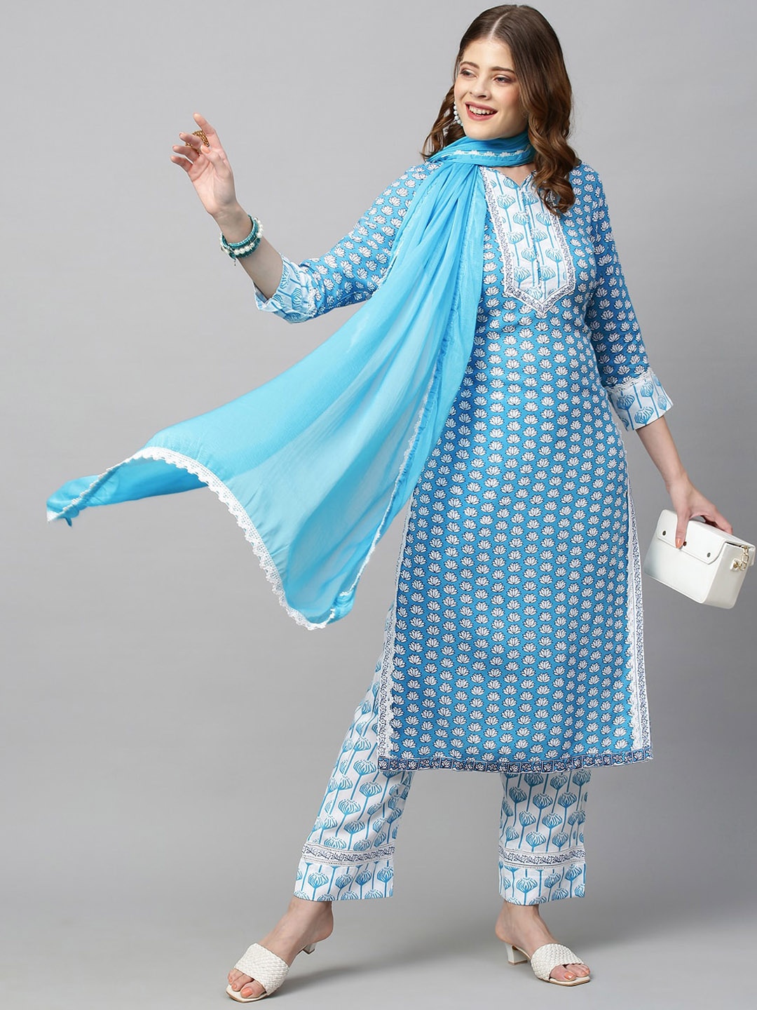 

KALINI Women Ethnic Motifs Print Yoke Design Kurta With Trouser And Dupatta, Blue