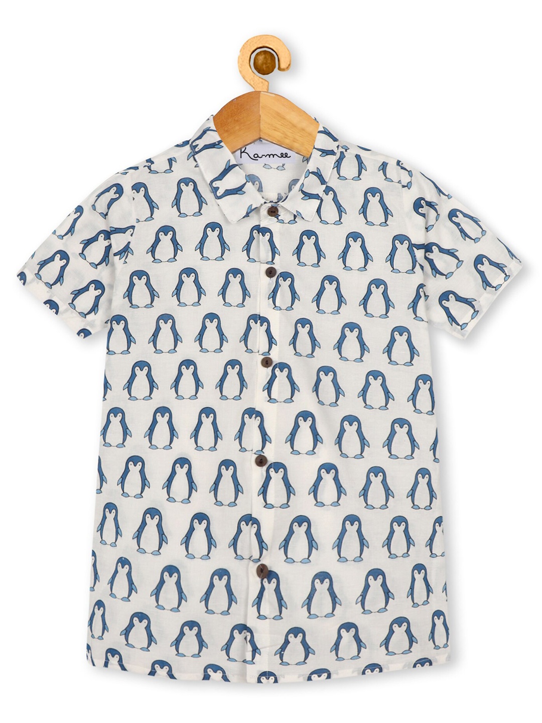 

Ka-mee Boys White & Blue Penguin Printed Pure Cotton Casual Shirt