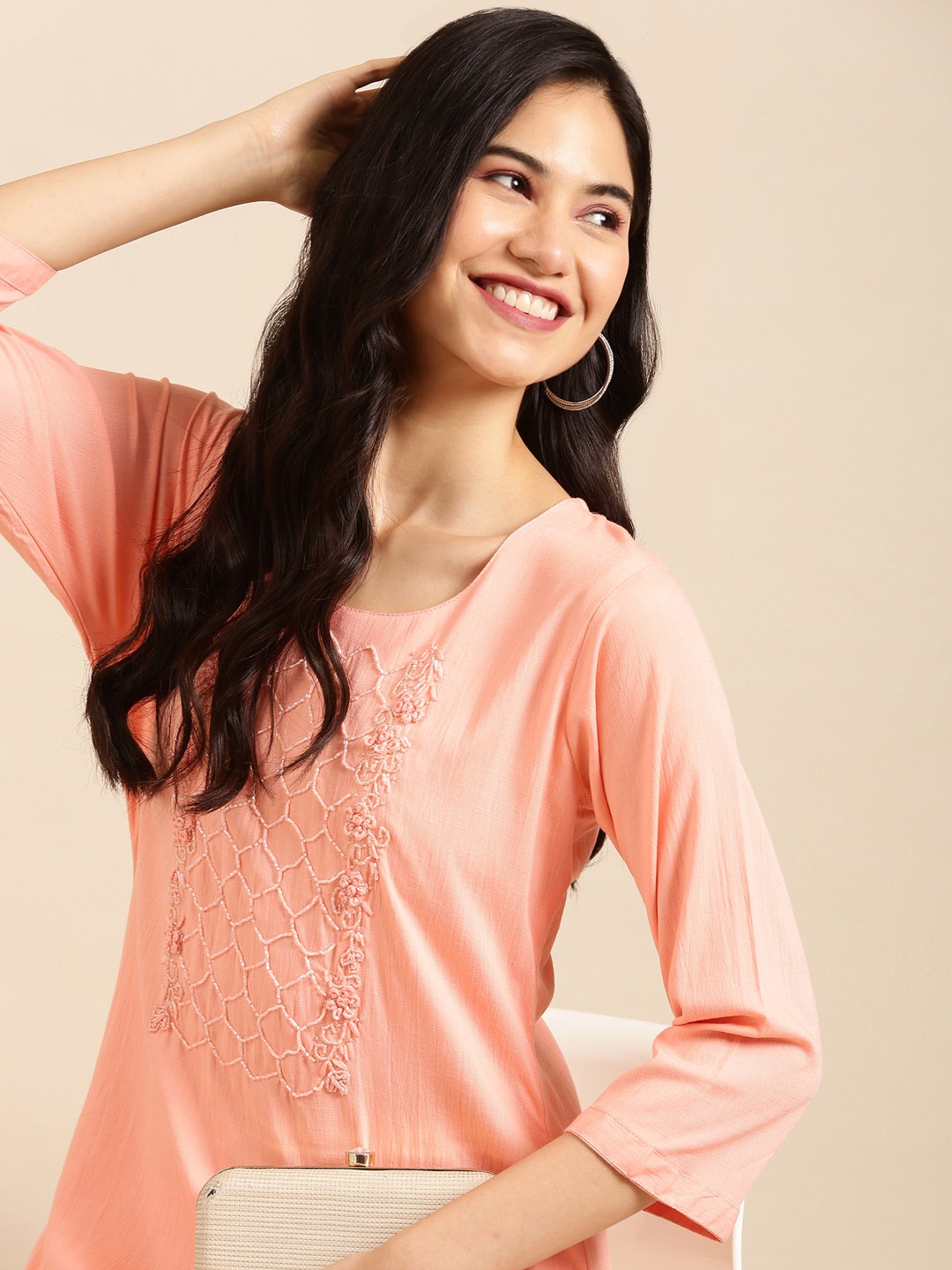

SHOWOFF Women Floral Embroidered Beads and Stones Kurta with Trousers, Peach