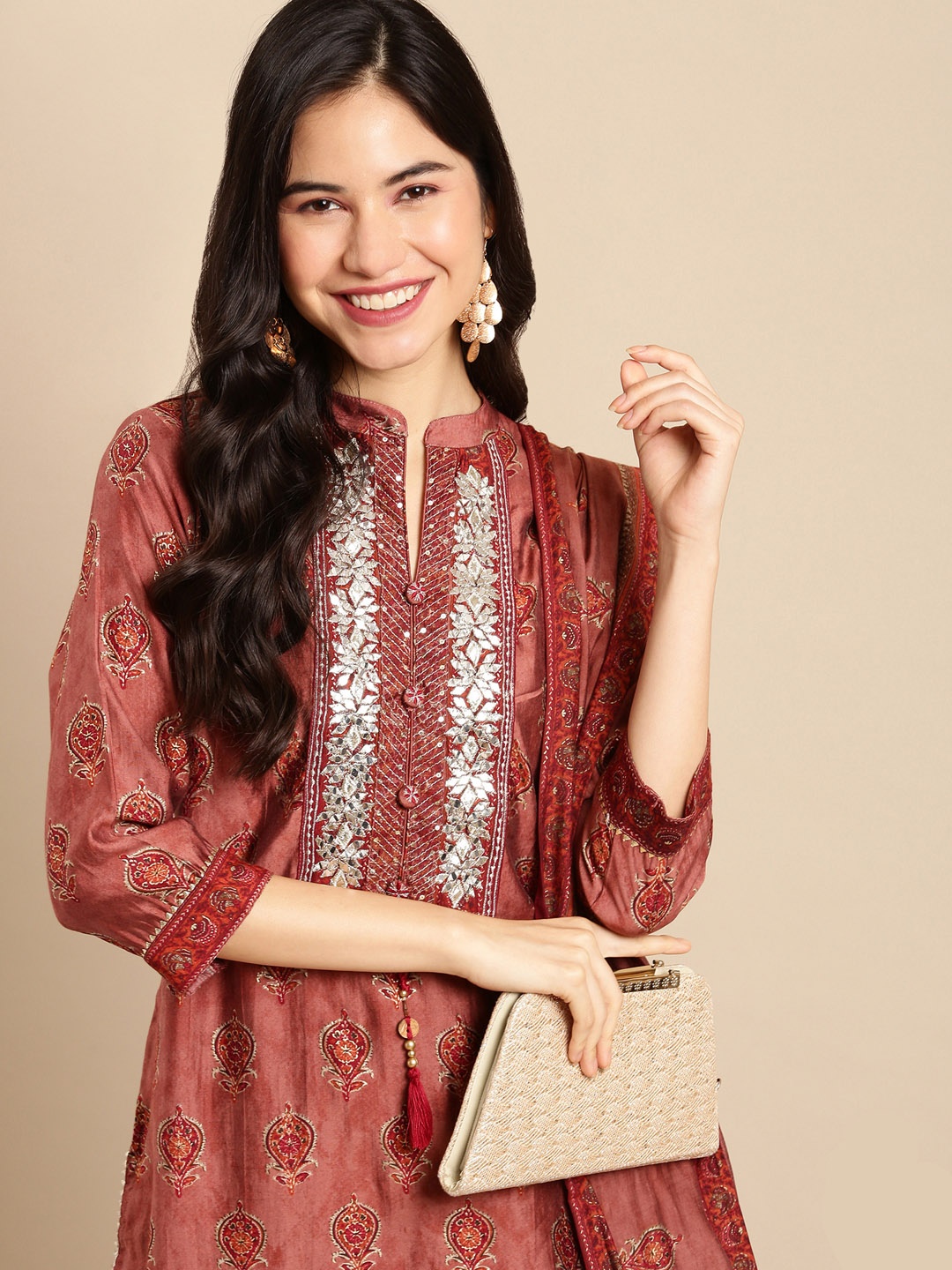 

SHOWOFF Women Rust Floral Printed Gotta Patti Kurta with Trousers & With Dupatta