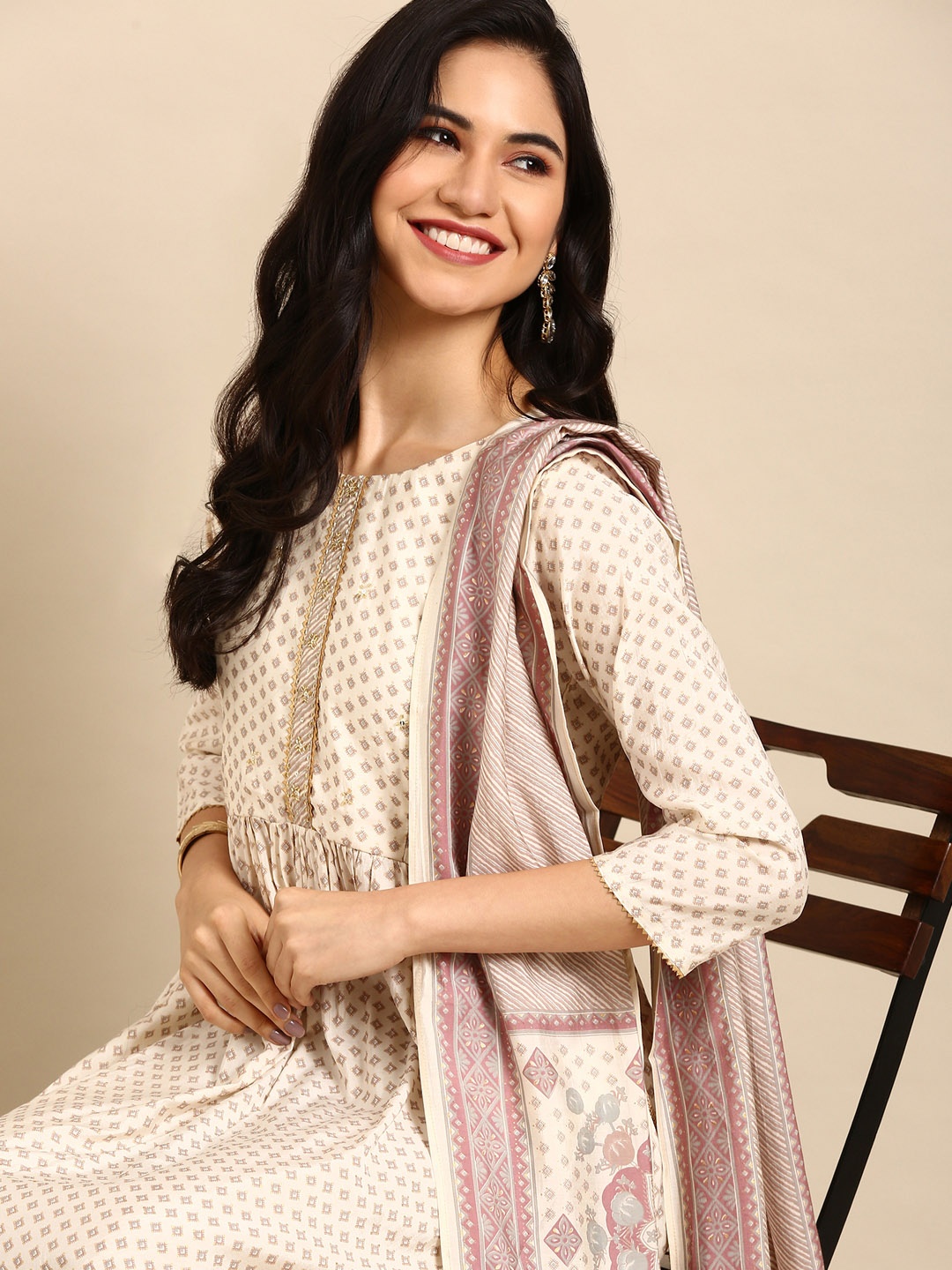 

SHOWOFF Women Printed Pleated Kurta with Trousers & With Dupatta, Beige