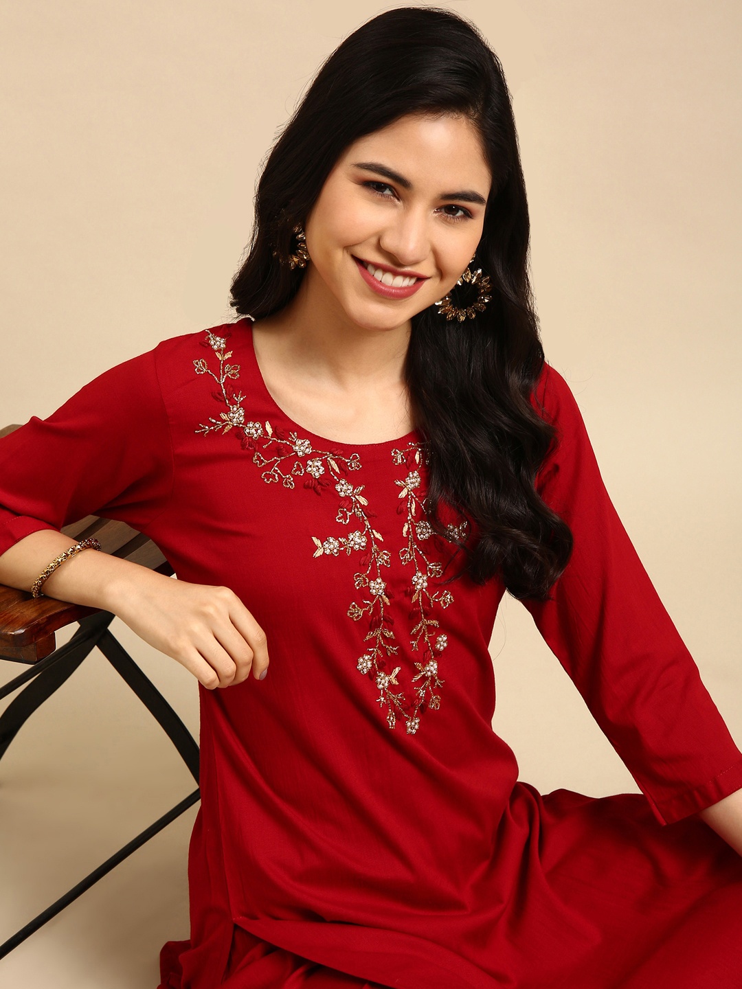 

SHOWOFF Women Embroidered Beads and Stones Kurta with Palazzos, Maroon