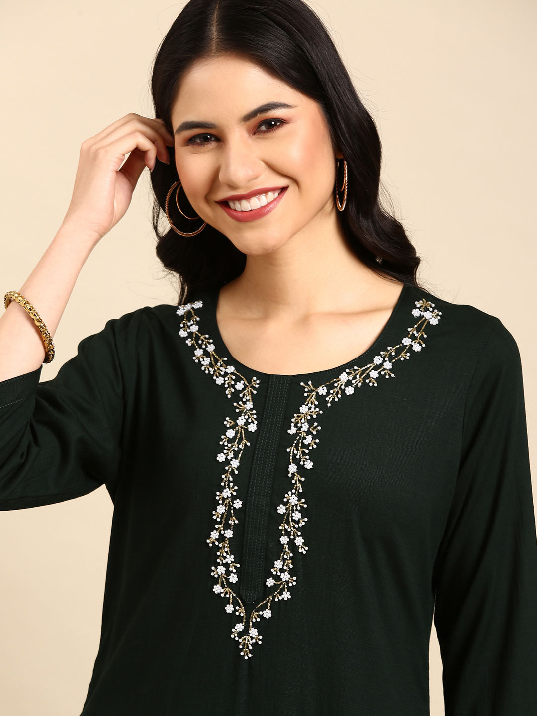 

SHOWOFF Women Green Layered Beads and Stones Kurti with Trousers