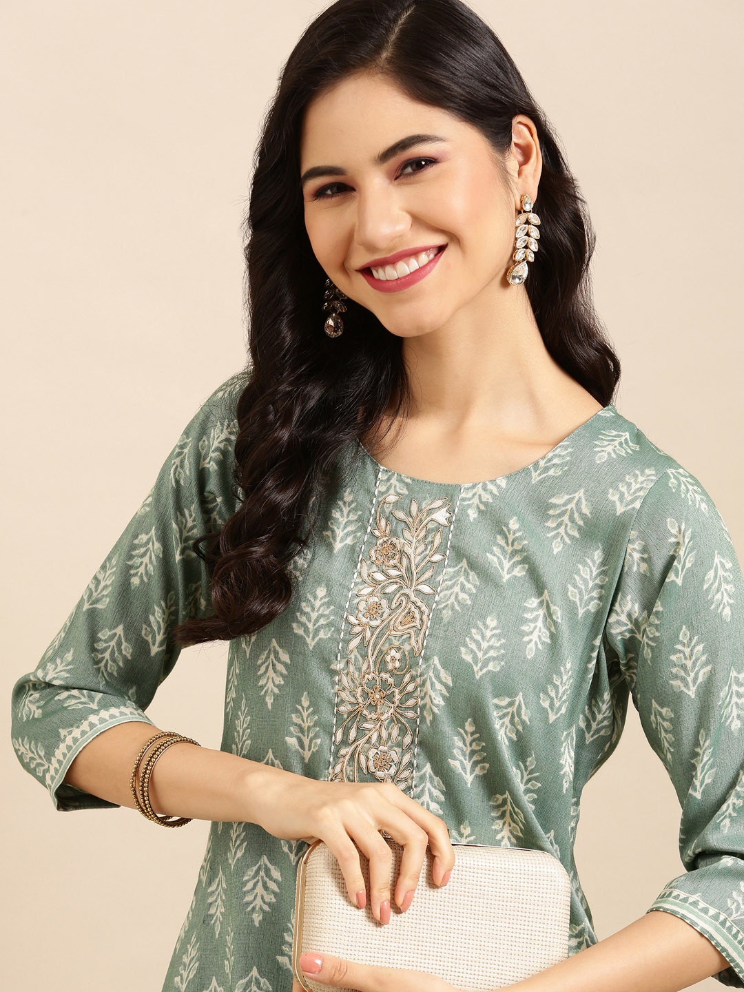 

SHOWOFF Women Ethnic Motifs Printed Thread Work Kurta with Palazzos, Sea green