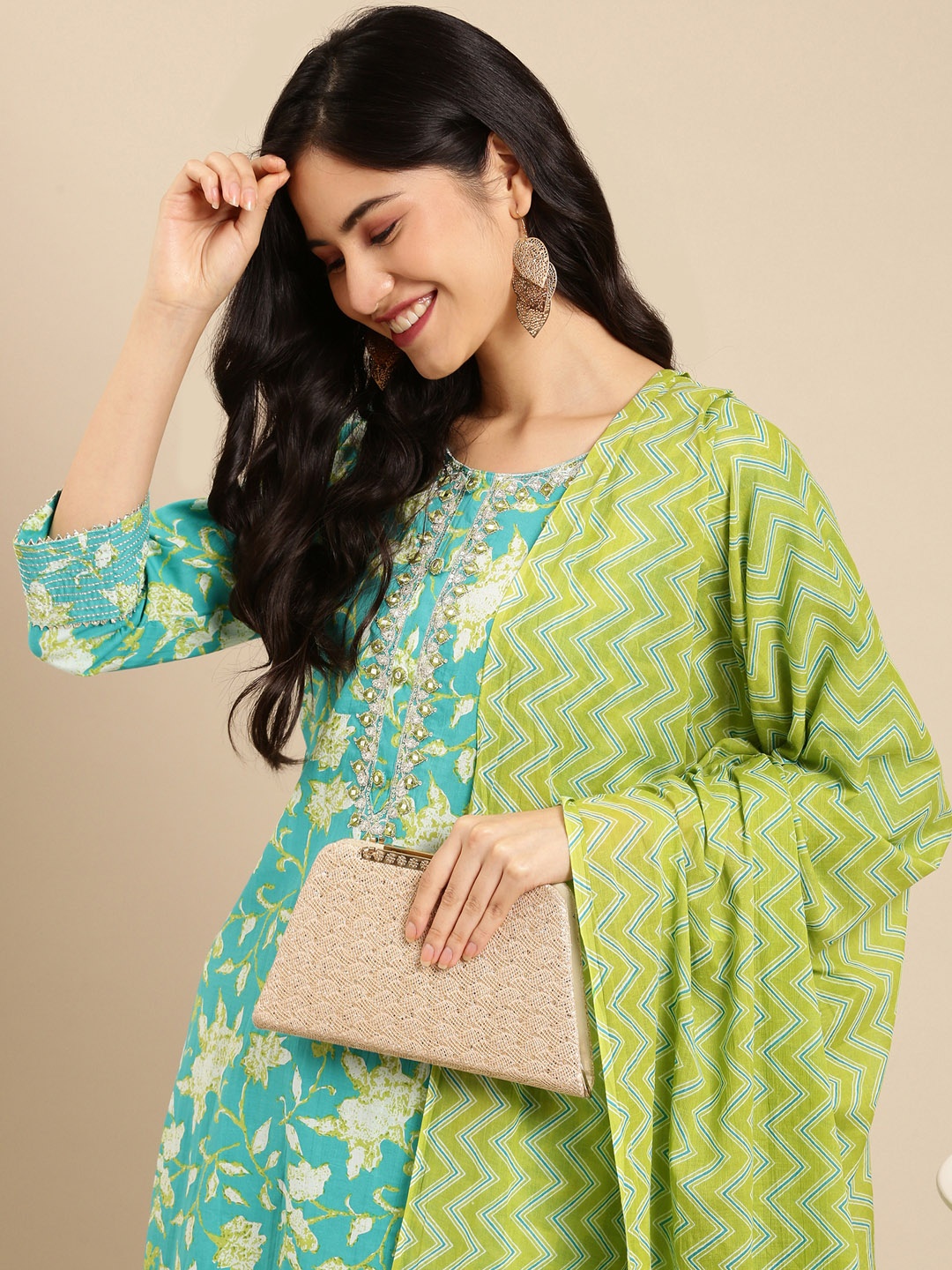 

SHOWOFF Women Blue Printed Sequinned Kurta with Palazzos