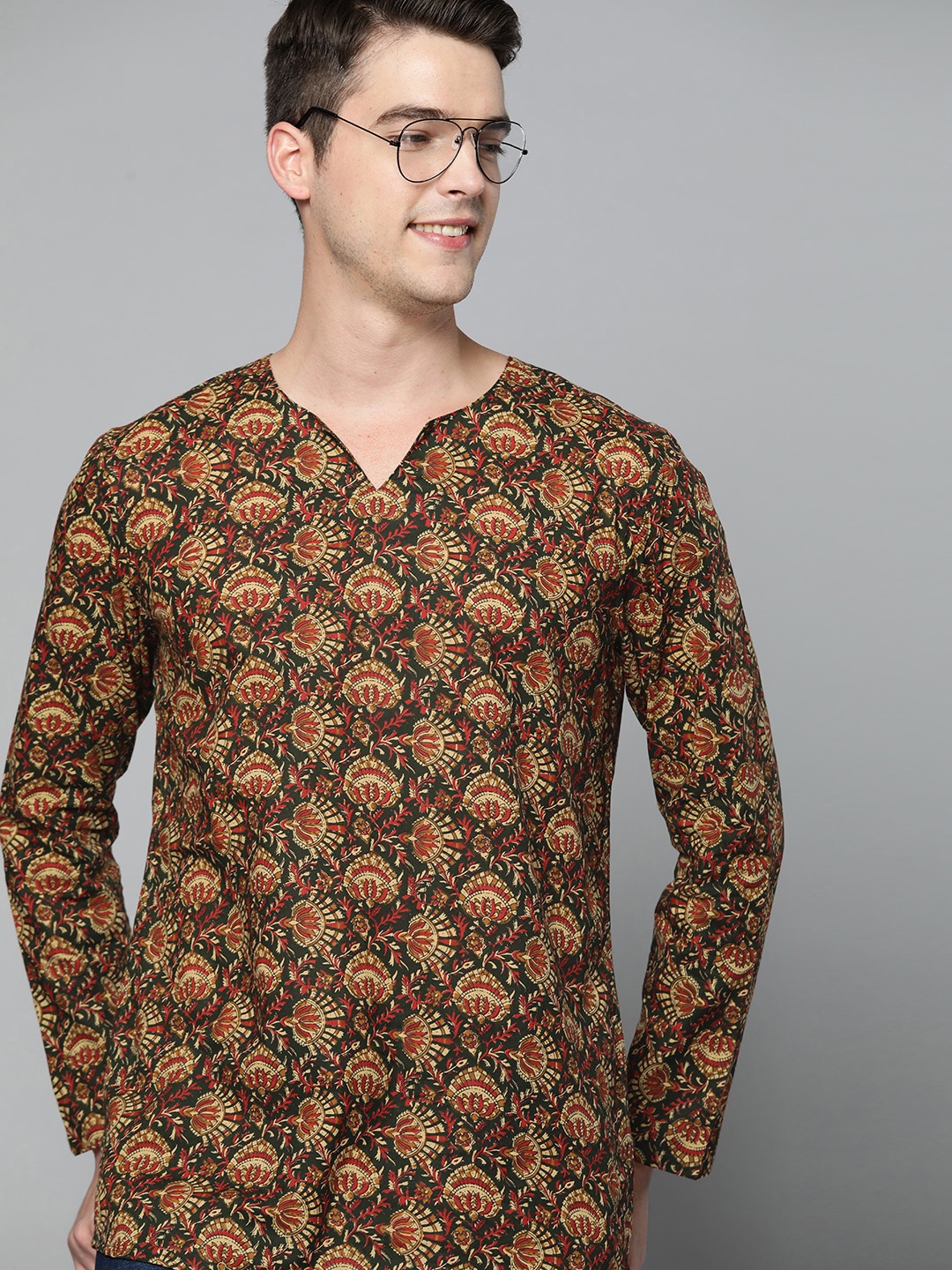 

HERE&NOW Ethnic Motifs Printed Cambric Kurta, Green