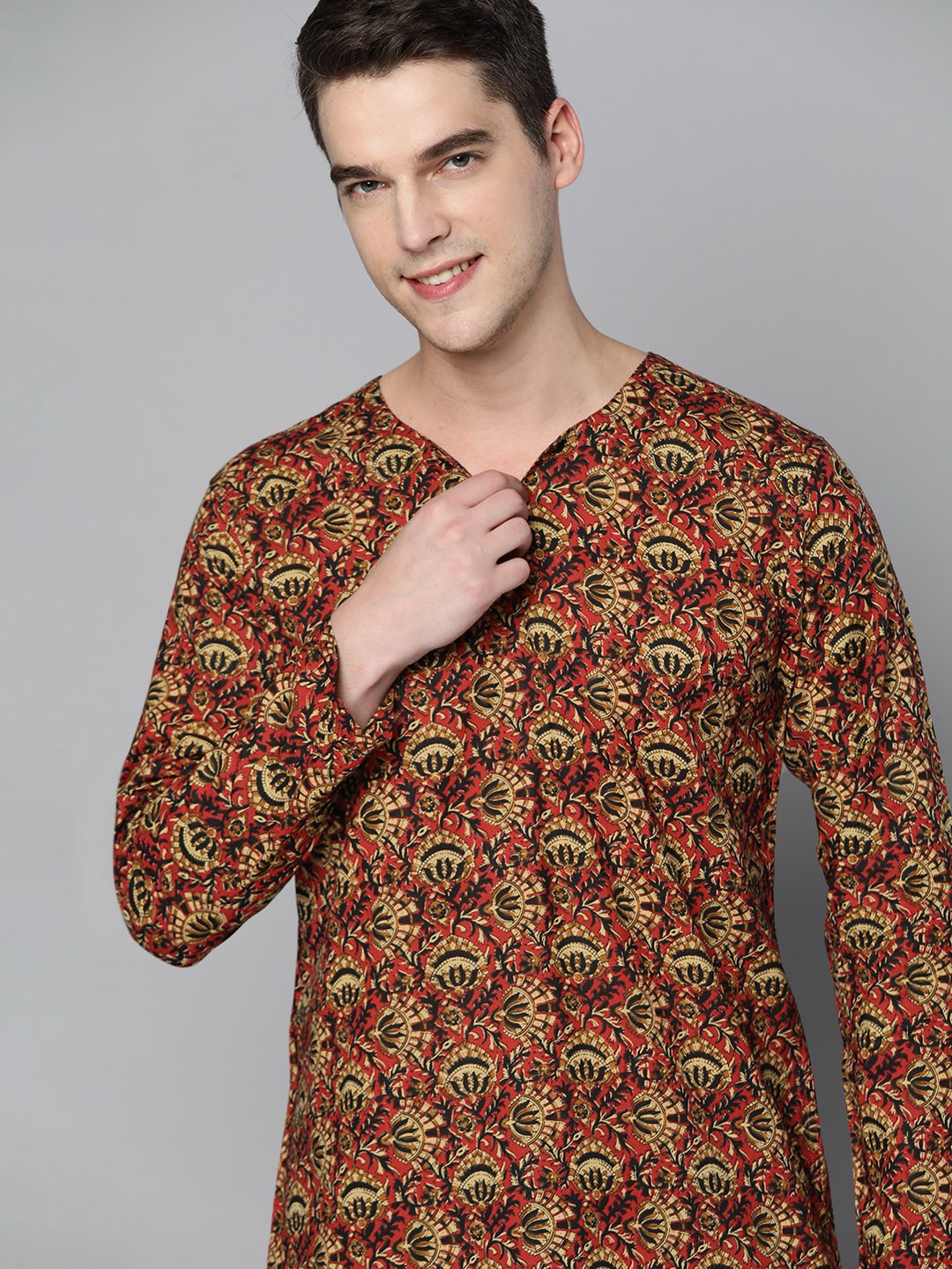 

HERE&NOW Ethnic Motifs Printed Cambric Kurta, Red