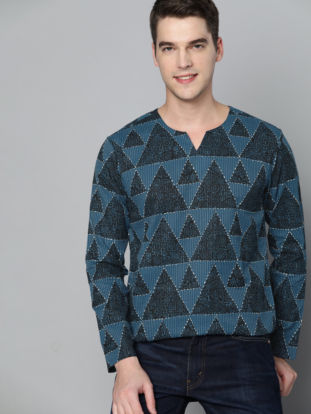 

HERE&NOW Men Navy Blue Geometric Printed Dobby Katha Kurta