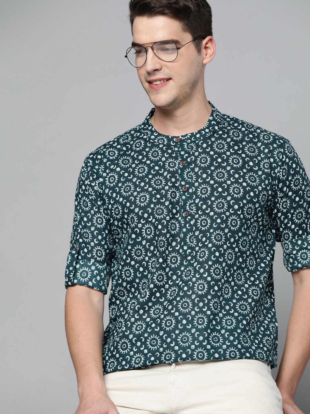 

HERE&NOW Ethnic Motifs Printed Cambric Kurta, Teal