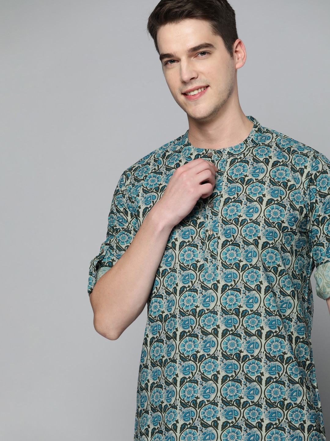

HERE&NOW Floral Printed Cambric Kurta, Turquoise blue