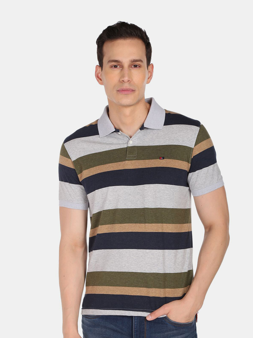 

AD By Arvind Men Grey & Navy Blue Pure Cotton Striped Polo Collar T-shirt