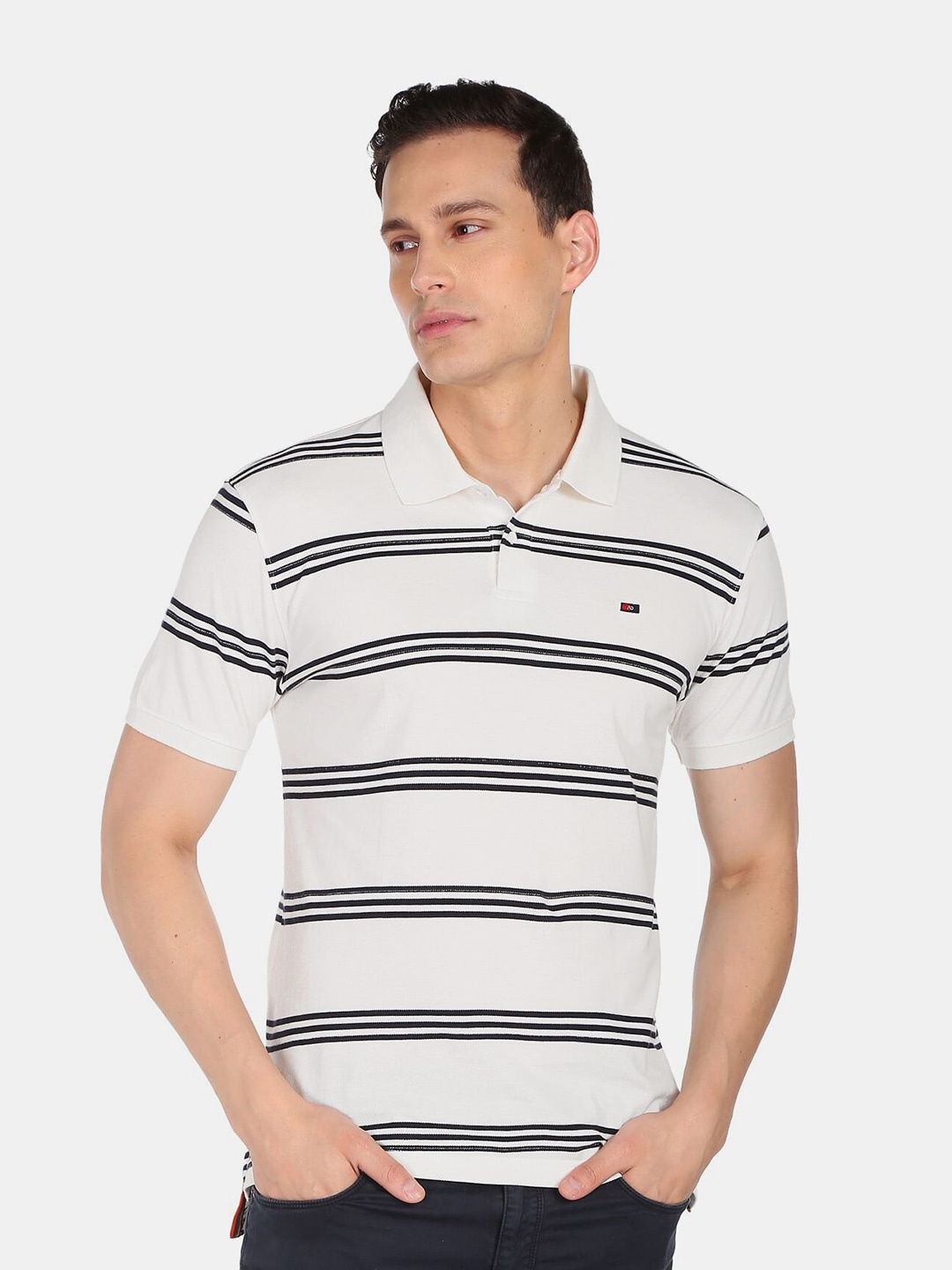 

AD By Arvind Men White & Black Striped Pure Cotton Polo Collar T-shirt