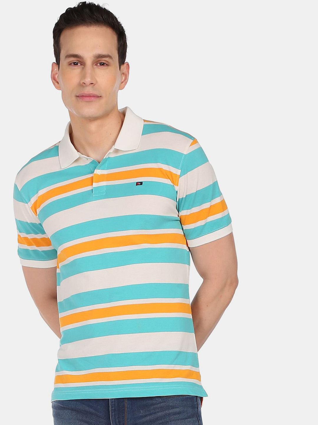 

AD By Arvind Men Blue & White Striped Pure Cotton Polo Collar T-shirt