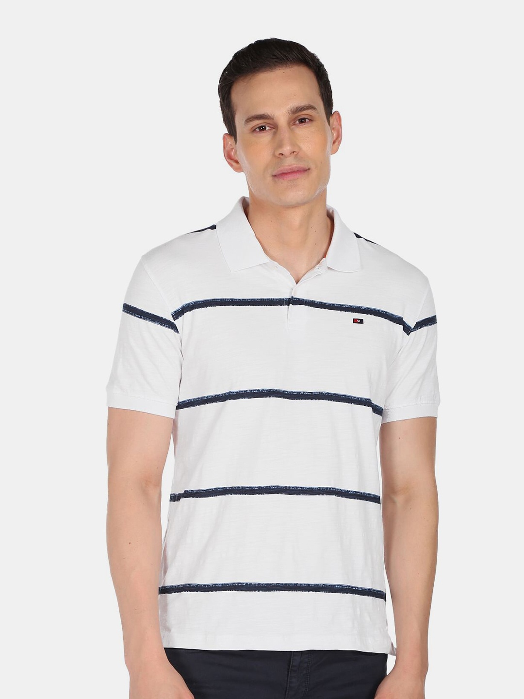 

AD By Arvind Men White & Black Striped Polo Collar Pure Cotton T-shirt