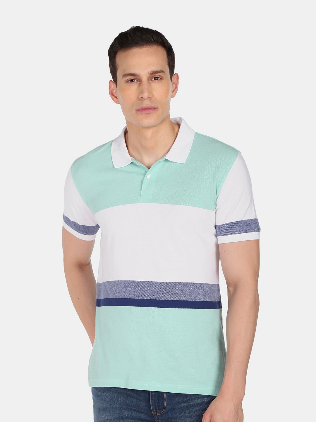 

AD By Arvind Men Blue & White Colourblocked Polo Collar Pure Cotton T-shirt