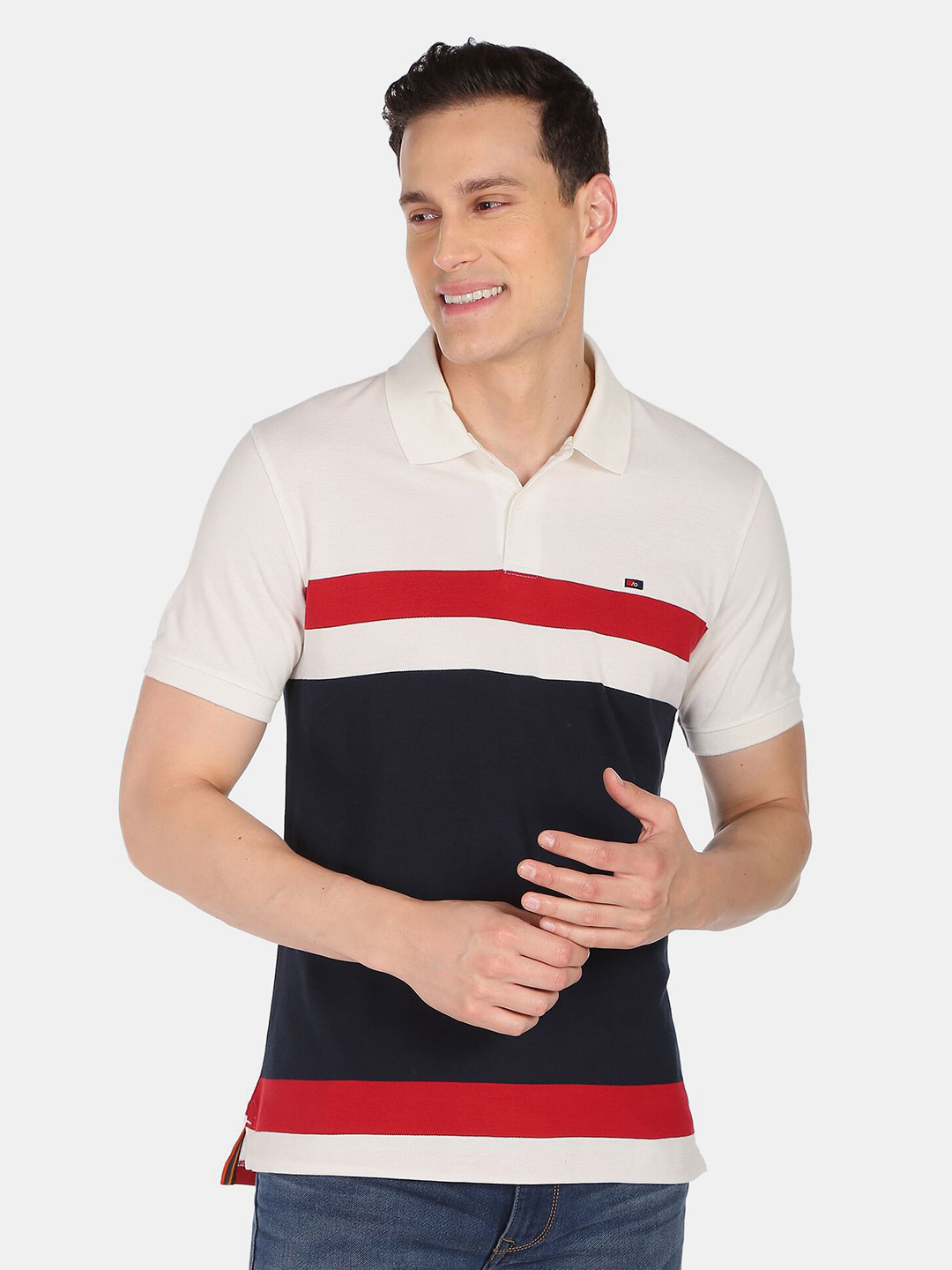 

AD By Arvind Men White & Black Colourblocked Polo Collar Pure Cotton T-shirt