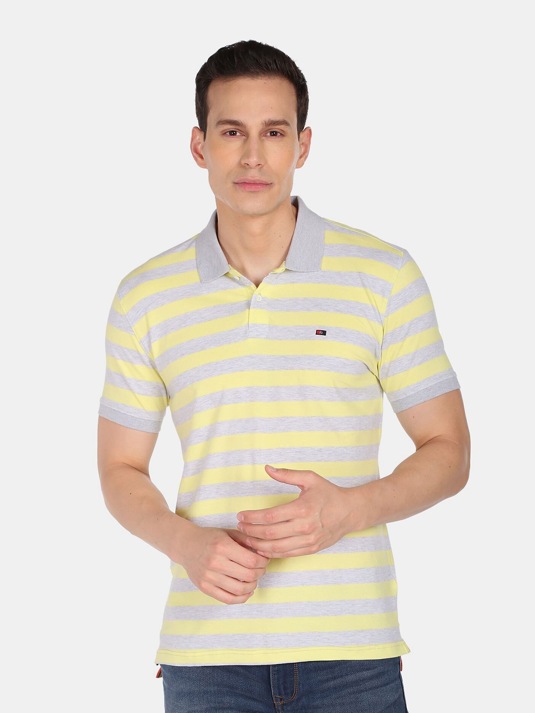 

AD By Arvind Men Yellow & Grey Striped Polo Collar Pure Cotton T-shirt