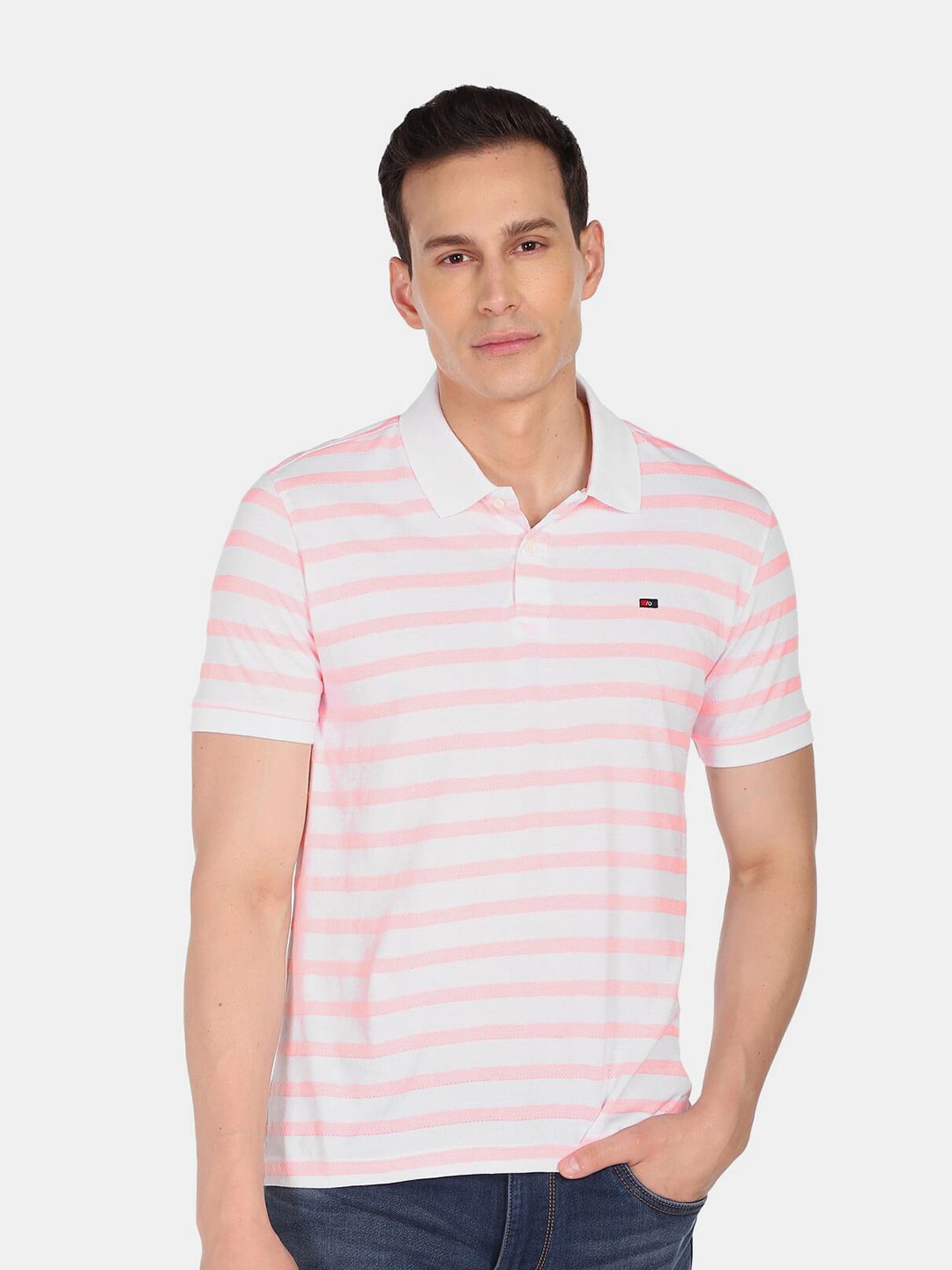 

AD By Arvind Men Pink & White Striped Polo Collar Pure Cotton T-shirt