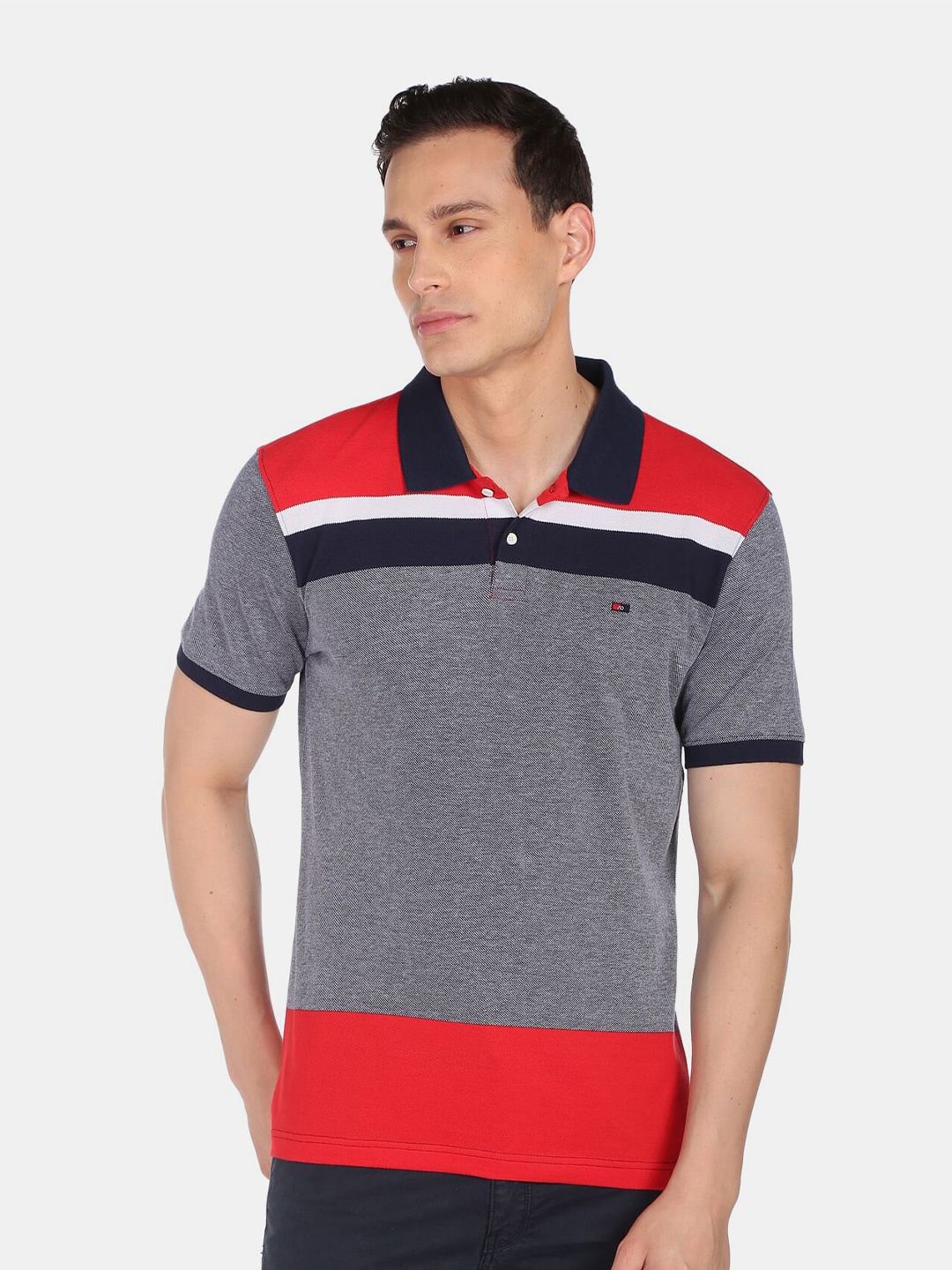 

AD By Arvind Men Grey & Red Colourblocked Polo Collar Pure Cotton T-shirt