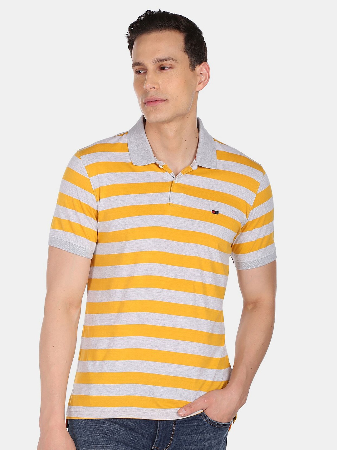 

AD By Arvind Men Yellow & Grey Striped Polo Collar Pure Cotton T-shirt