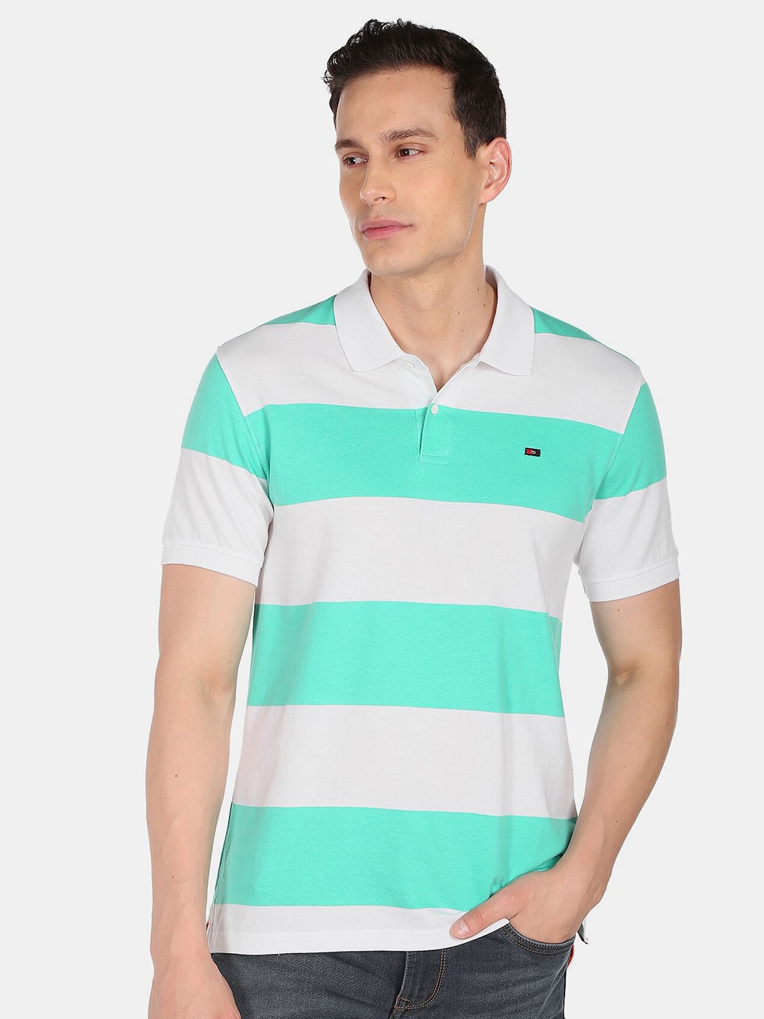 

AD By Arvind Men Turquoise Blue & White Striped Polo Collar T-shirt