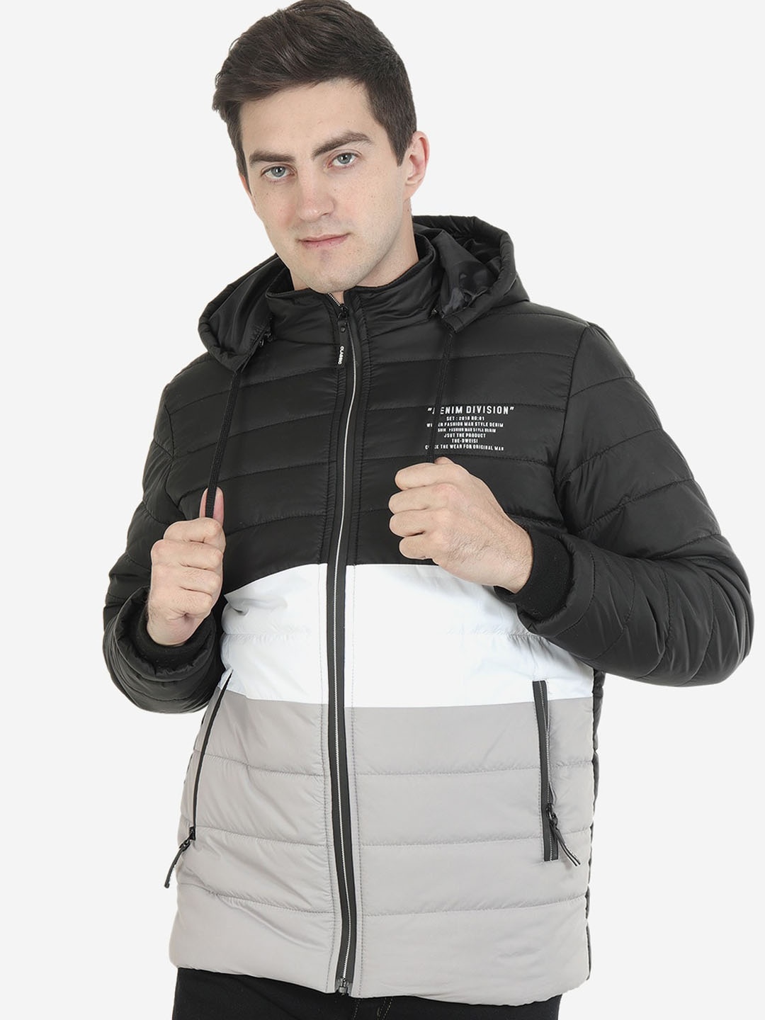 

Xohy Men Black Grey Colourblocked Lightweight Hooded Padded Jacket