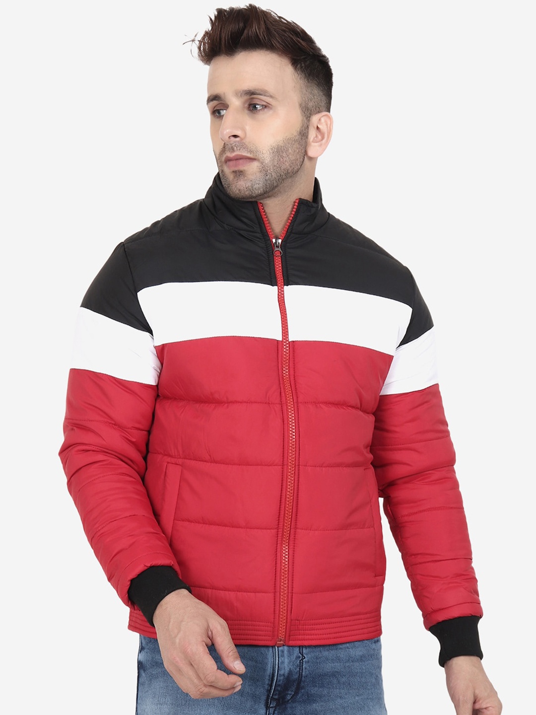 

Xohy Men Red Black Colourblocked Lightweight Bomber Jacket