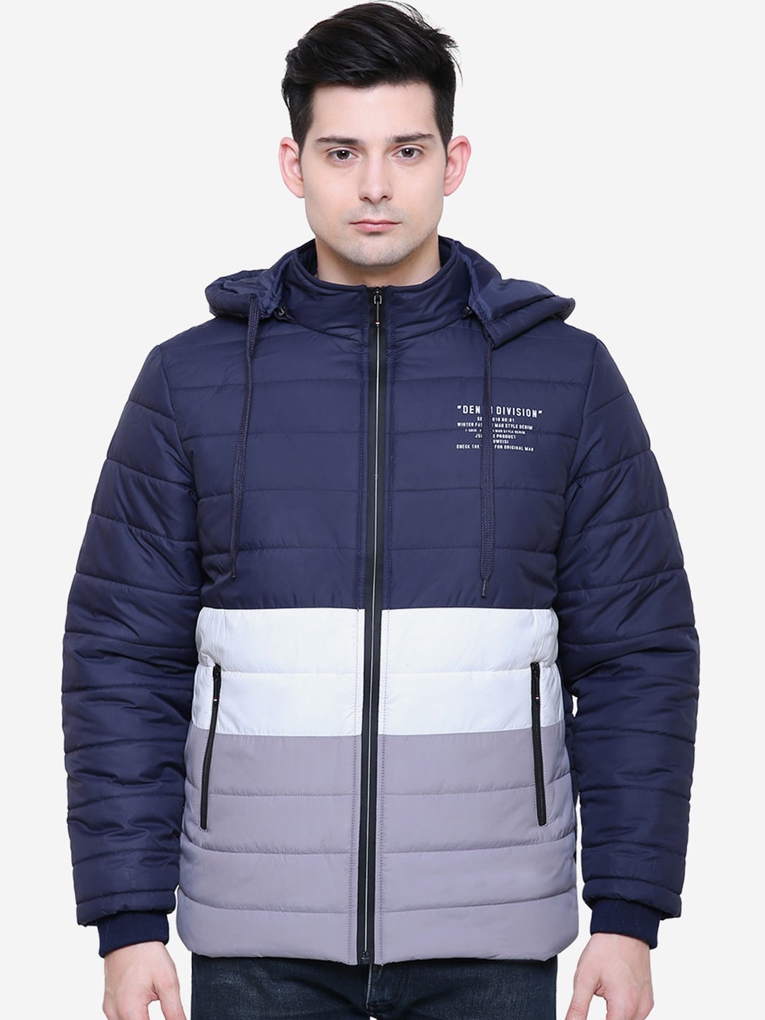 

Xohy Men Navy Blue White Colourblocked Lightweight Puffer Jacket