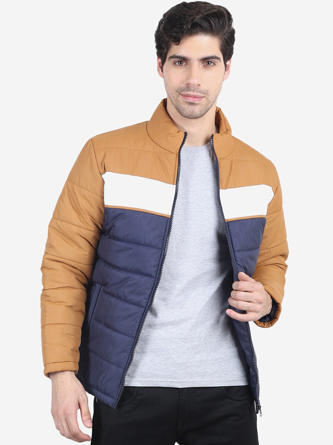 

Xohy Men Navy Blue Brown Colourblocked Lightweight Padded Jacket