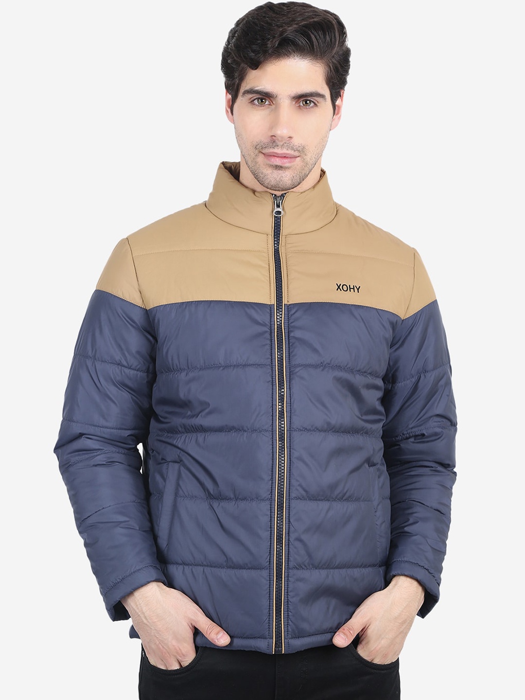 

Xohy Men Navy Blue and Beige Colourblocked Lightweight Outdoor Padded Jacket