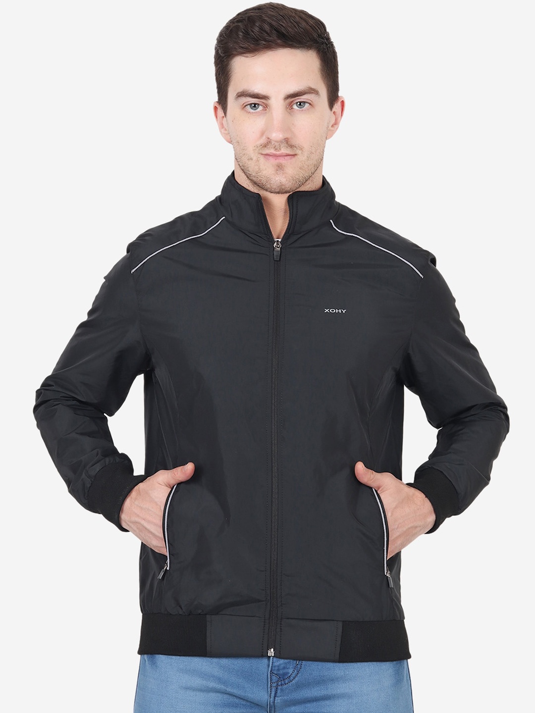 

Xohy Men Black Windcheater Outdoor Bomber Jacket