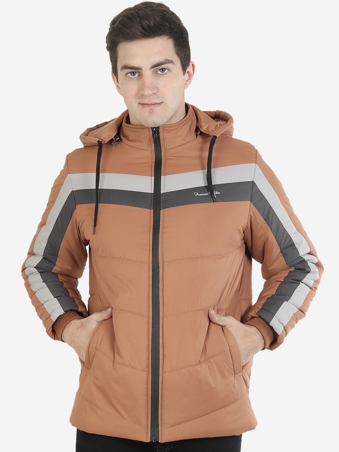 

Xohy Men Tan Striped Lightweight Outdoor Padded Jacket