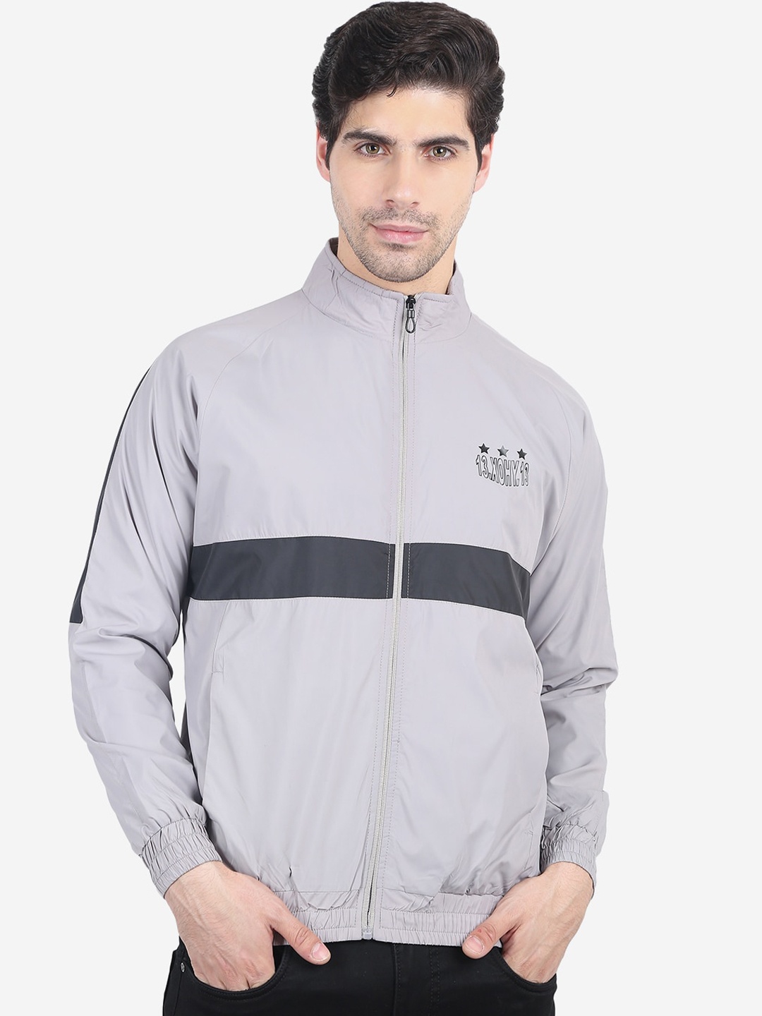 

Xohy Men Grey Lightweight Nylon Windcheater Bomber Jacket