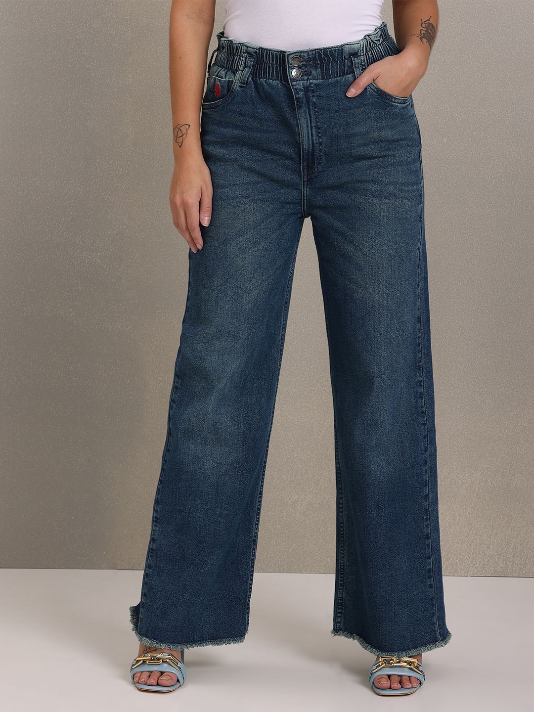 

U S Polo Assn Women Navy Blue Wide Leg High-Rise Light Fade Stretchable Jeans