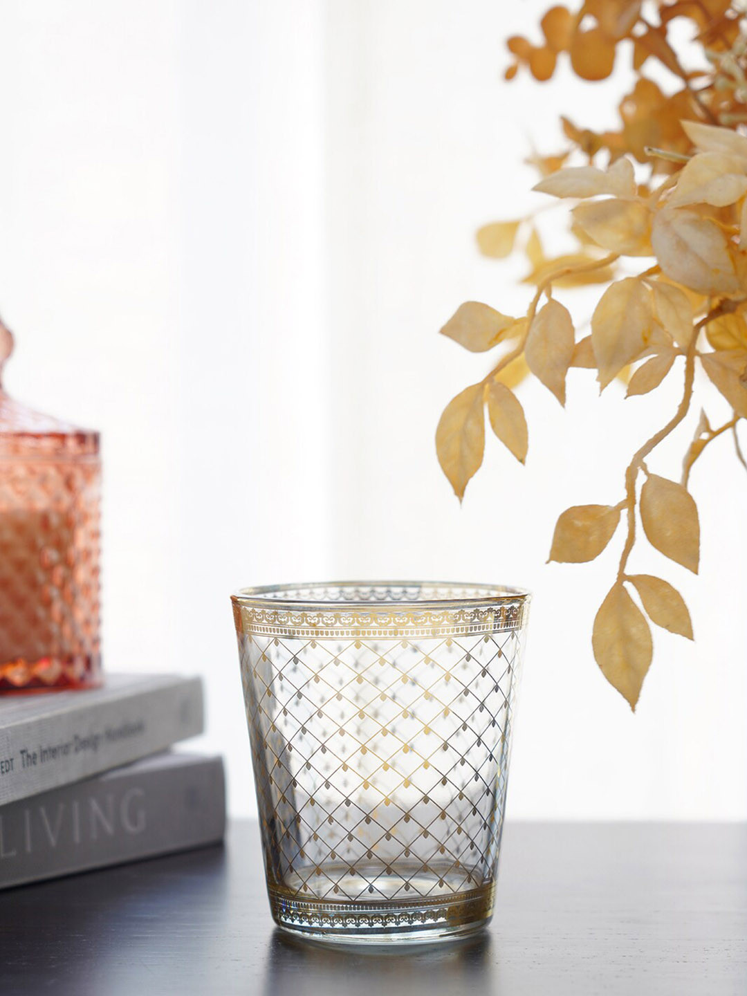 

Pure Home and Living Transparent Set Of 4 & Gold Printed Glass Glasses