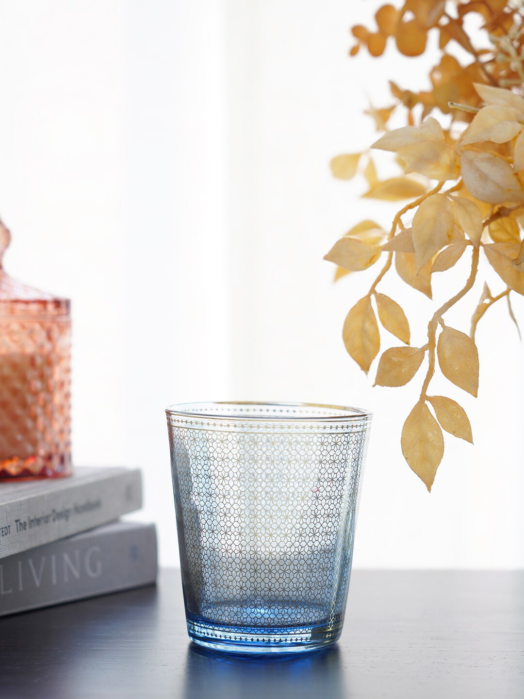 Pure Home and Living Blue & Transparent Set Of 4 Textured Glass Tumbler