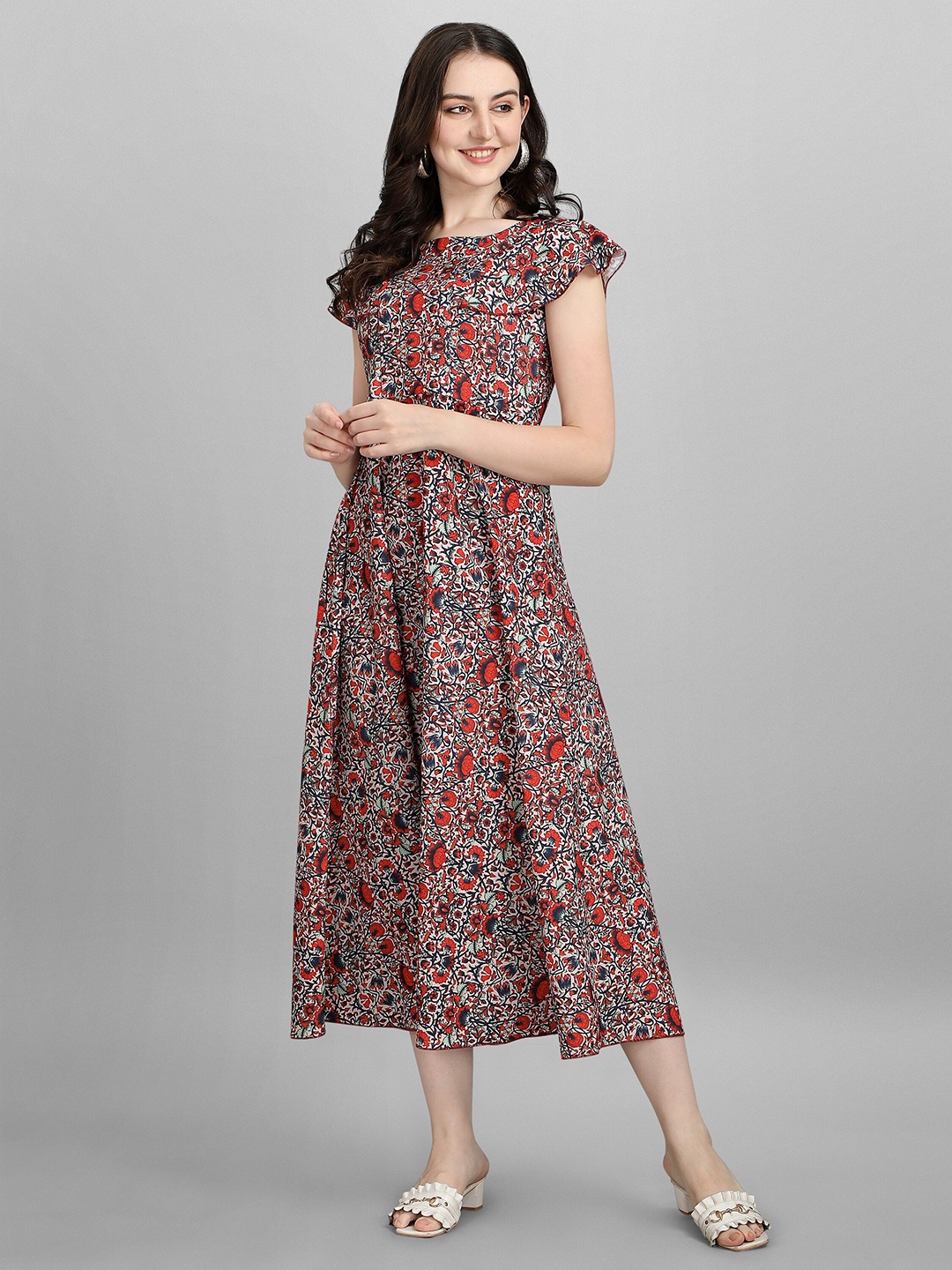 

LONDON BELLY Red & Beige Floral Printed Midi Dress