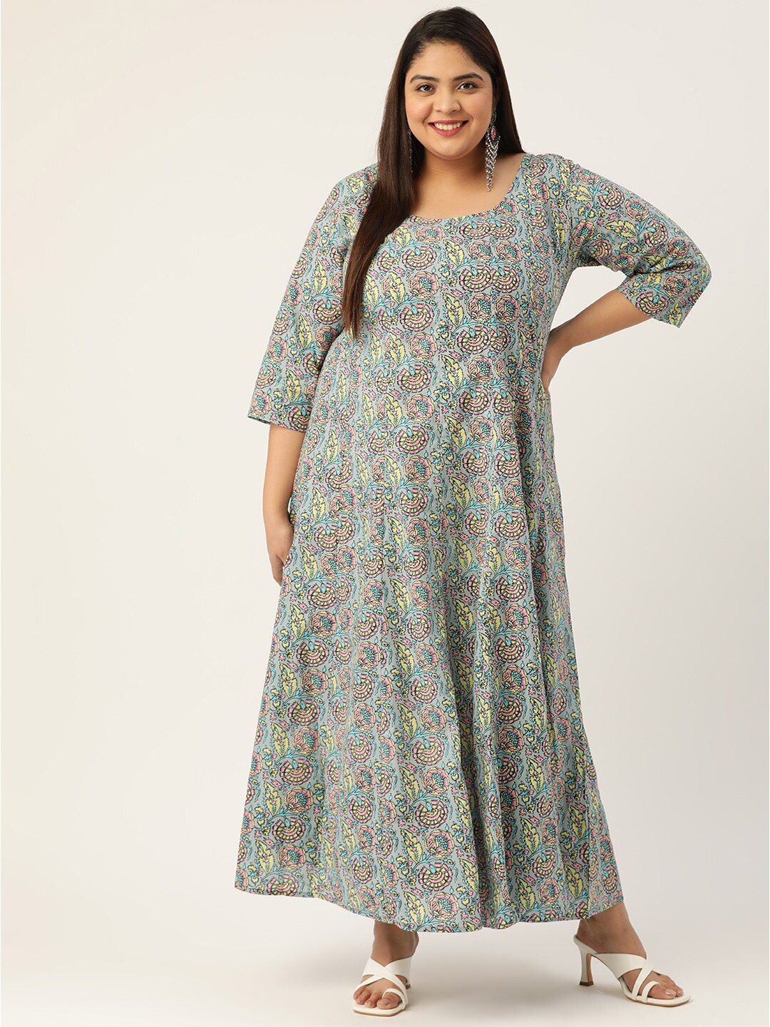 

theRebelinme Plus Size Grey & Pink Floral Cotton A-Line Maxi Dress