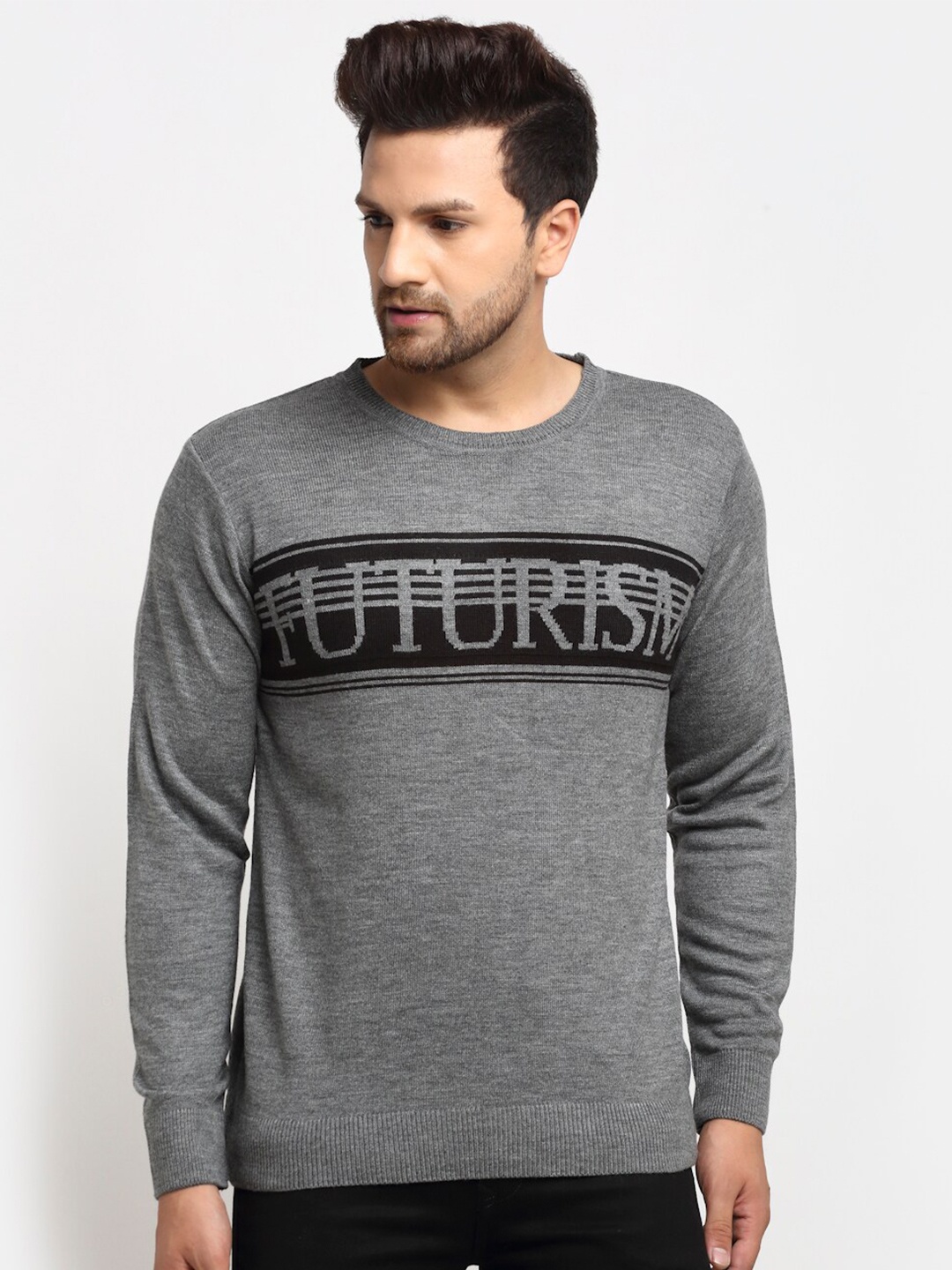 Club York Men Grey & Black Typography Printed Pullover