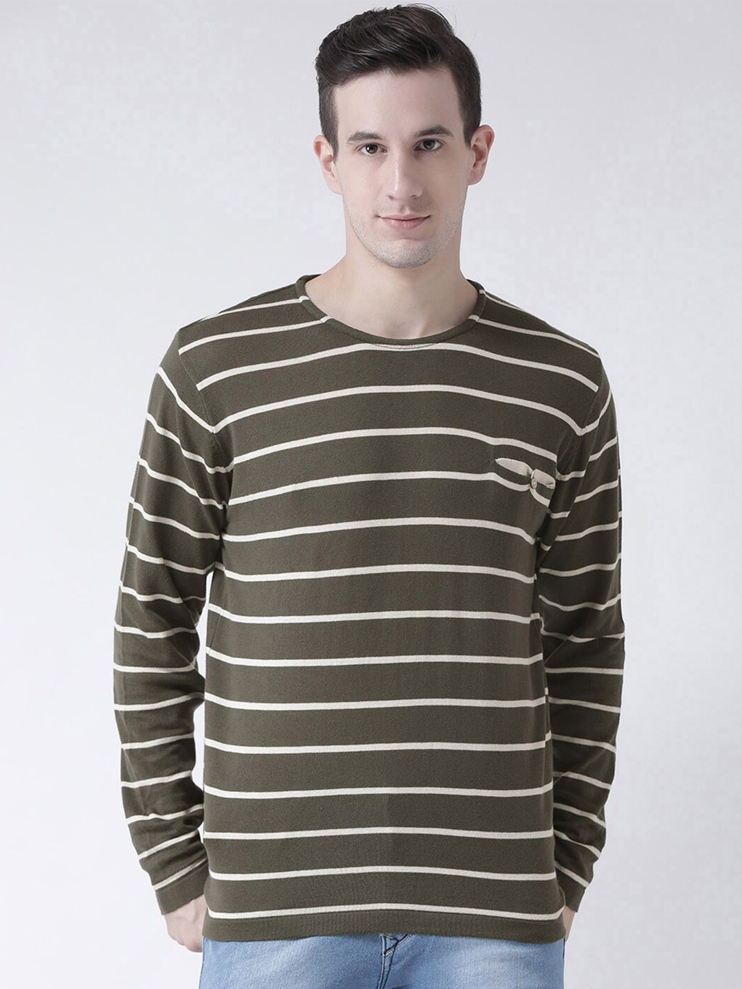 

Club York Men Olive Green & White Striped Pullover