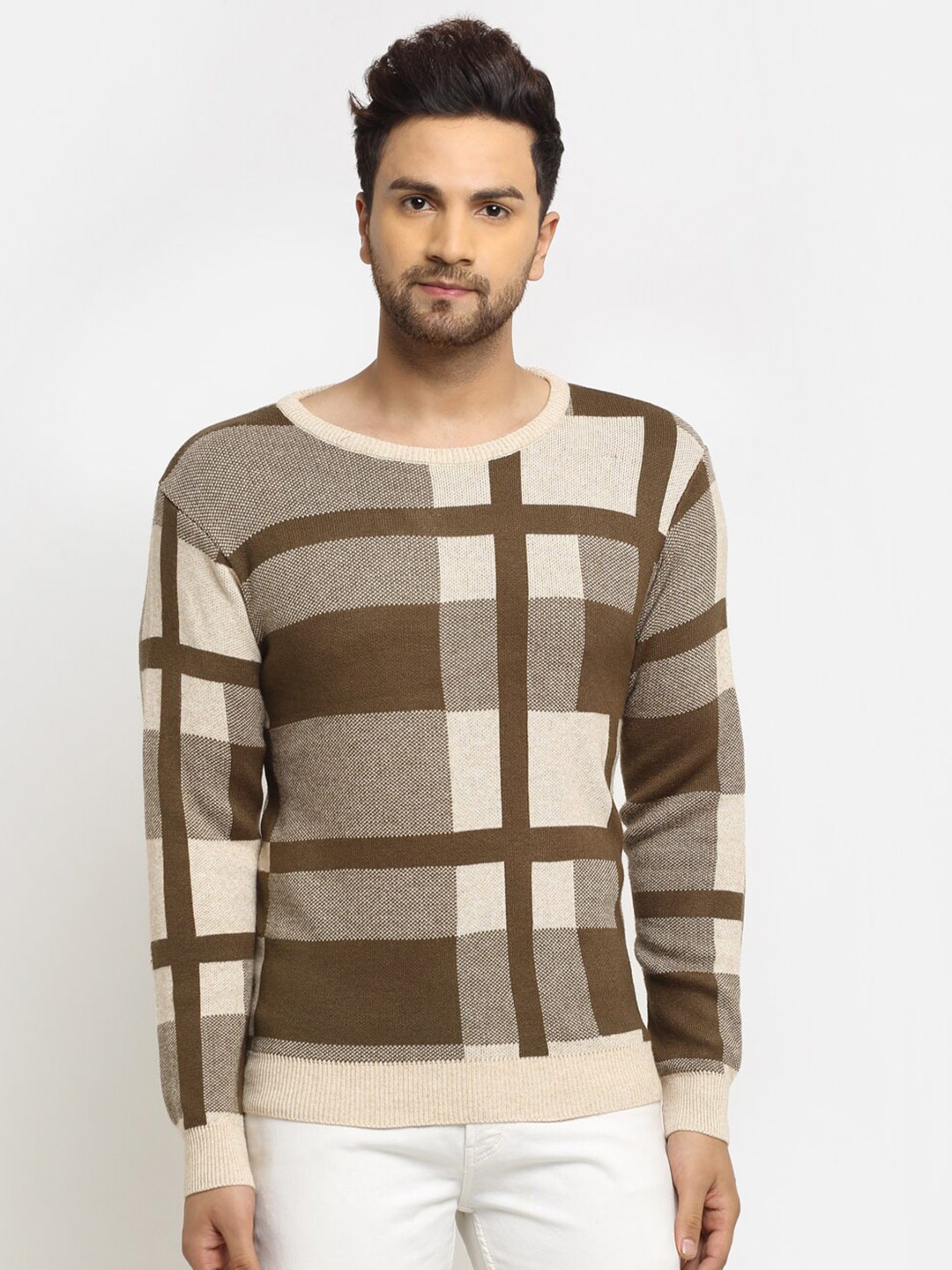 

Club York Men Beige & Grey Checked Pullover